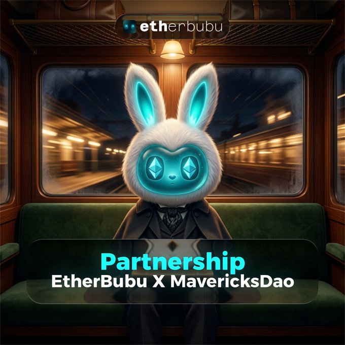 A stylized white bunny character with glowing cyan eyes and ears sits inside a vintage train cabin, wearing a suit. The image promotes the "EtherBubu X MavericksDao" partnership, announcing that EtherBubu has collaborated with MavericksDao to offer NFT passes and community raffle spots through the Alpha Club.