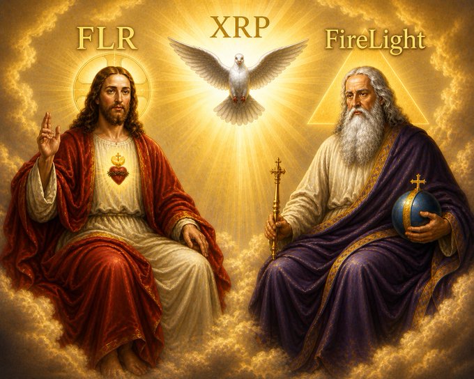 The image features a painting depicting two men, one wearing a red robe and the other wearing a purple robe, sitting on clouds with Jesus Christ holding a cross above them. The painting also includes a bird flying over the scene. The caption of the image reads "This explanation of FLR XRP @Firelightfi is ahead of its time". This suggests that the painting might be referencing Bitcoin or cryptocurrency, as it features a religious theme and uses a common symbol for Bitcoin in the form of a cross.
