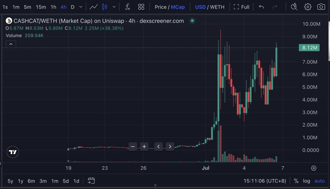 A Dexscreener chart showing CASHCAT/WETH (Market Cap) on Uniswap with a 4-hour timeframe, displaying a market cap of 8.12M and a +38.38% gain, illustrating the recent parabolic price action of $CASHCAT referenced in the "RobinHood summer is loading" post.
