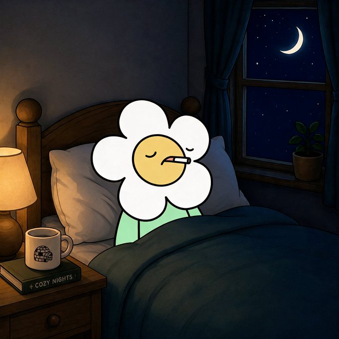 A cartoon illustration of a daisy/flower character with a tired expression and a thermometer in its mouth, sick in bed at night with a window showing a crescent moon and a nightstand holding a mug and 'COZY NIGHTS' book.