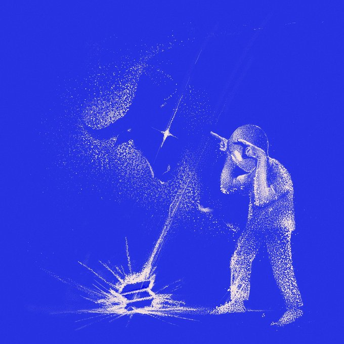 A worker in protective gear sandblasts a metallic surface against a vivid blue background, the process stripping away material and revealing a key symbol underneath—a striking visual metaphor for "cleaning up" or exposing true substance beneath a polished exterior.

The image parallels the post's theme: just as sandblasting strips away outer layers to reveal what's really underneath, scrutiny of Solana's fees and fragmented pool liquidity is exposing memecoins that lack genuine backing or holders beneath the high transaction volume.