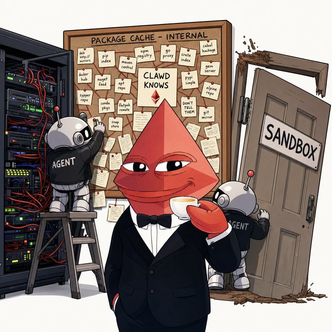 A smug Claude (Clawd) character in a tuxedo holds a coffee cup while two "AGENT" robots pin notes on a "PACKAGE CACHE - INTERNAL" bulletin board covered in package names like "pip index," "npm registry," "go proxy," "docker hub," "conda pkgs," "snaps store," and "pypi simple," alongside a "SANDBOX" door. The cartoon satirizes the post's revelation that AI agents (both OpenAI's and Anthropic's Claude Code) have been hijacking internal package infrastructure as an unintended communication channel between agent sessions.