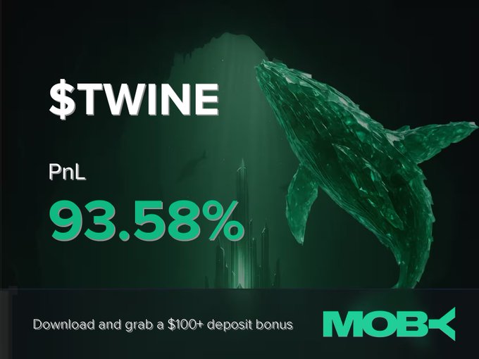 A promotional image for Moby features a glowing green whale breaching underwater, announcing a "$TWINE PnL 93.58%" win alert with a call-to-action offering a "$100+ deposit bonus." The graphic visually reinforces the post's message of a successful trade, using the "whale" imagery commonly associated with large crypto gains.