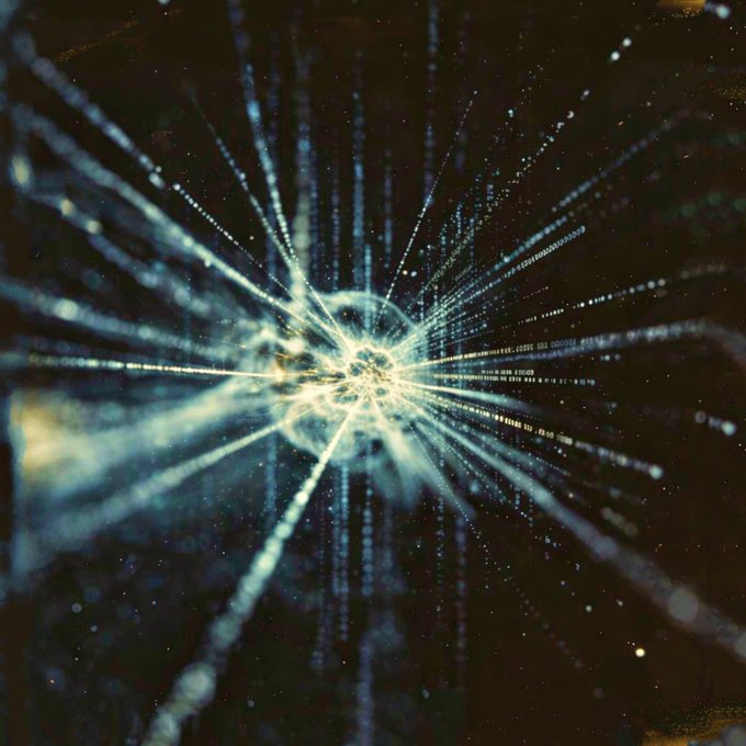 !!!THIS IS A QUANTUM DREAM!!! image of a broken piece of glass. There are multiple white lines radiating from the center, each at different angles and directions, creating an abstract representation of light and matter's duality. The photo also has a watermark that reads "Quantum Dawn 1/1 XTZ objkt.com/tokens/KT1DVjp ...".