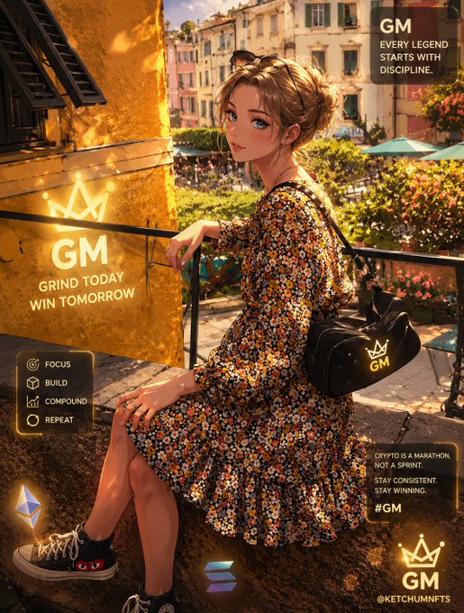 A stylish woman sits on a sunlit balcony overlooking a Mediterranean town, with "GM - Grind Today Win Tomorrow" and motivational messages like "Every legend starts with discipline" and "Crypto is a marathon, not a sprint" displayed across the image. The scene visually reinforces the post's theme of building healthy habits gradually, tying into the Sleepagotchi philosophy of steady, consistent effort rather than forced discipline.