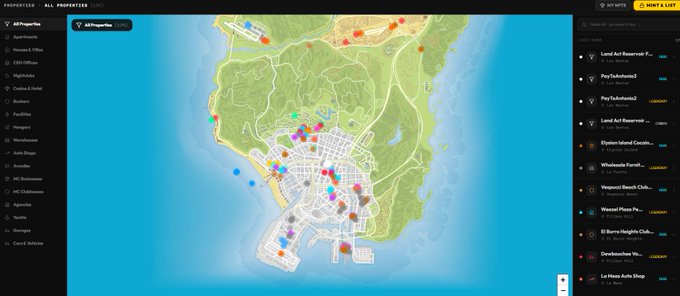 Screenshot of a property map interface (Fivem-style) showing a coastal city with various markers, featuring 'All Properties' filter and a property list including 'Psychiatrist', 'Elysium Island Occult', and 'Whisoside Forum' on the right.