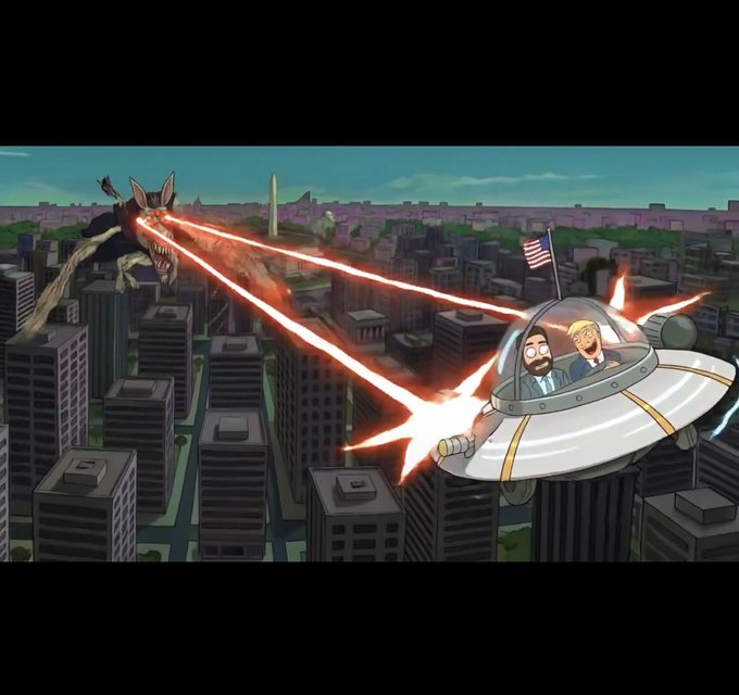 A cartoon scene showing a UFO piloted by two men firing red laser beams at a giant rat-like creature attacking a city with the Washington Monument in the background.