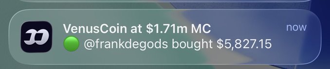 A notification alert shows that user @frankdegods purchased $5,827.15 worth of VenusCoin at a $1.71 million market cap, responding to a thank-you post for buying VenusCoin and referencing @rasmr_eth and friends.