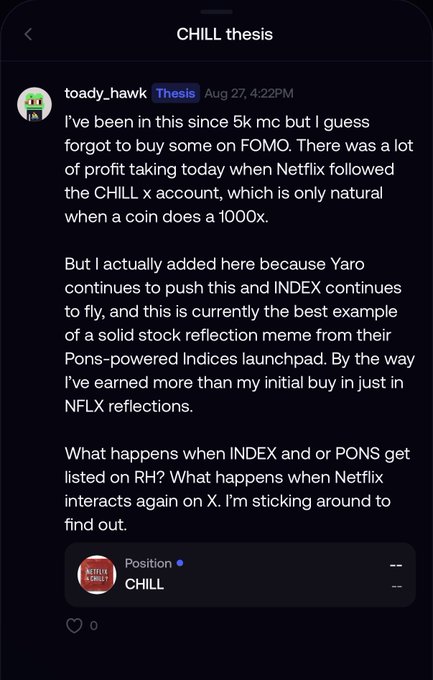 A Discord post by toady_hawk in the CHILL thesis channel discusses holding CHILL since 5K Mc and earning NFLX (Netflix) reflections, with a position in CHILL displayed. The image relates to the caption by highlighting the user's experience of passively earning Netflix reflections while holding CHILL tokens.