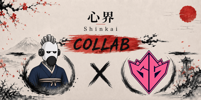 A promotional graphic announcing a "心界 Shinkai COLLAB" between ShinkaiJP and GamingGrid, featuring a robot in traditional Japanese attire alongside a pink geometric logo, set against a watercolor backdrop with cherry blossoms, Mount Fuji, and a red sun. The design complements the post's announcement of a collaboration offering 20 whitelist spots for Shinkai's upcoming mint of 5,555 unique soul-powered robots on Ethereum.