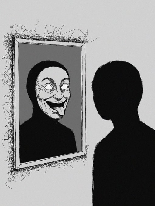 A black and white illustration showing a silhouetted figure looking into a mirror, where their reflection is a grinning, masked face with its tongue sticking out.