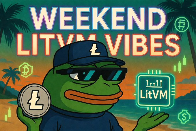 A Pepe-style frog mascot wearing a cap with the Litecoin "Ł" logo and sunglasses holds a coin against a sunset beach backdrop, with "WEEKEND LITVM VIBES" displayed prominently alongside a glowing LitVM chip graphic and crypto-themed icons (₿, Ł, $). The image reinforces the post's message of growing excitement and momentum for the Arkada.gg × LitecoinVM Pioneer Campaign, with the frog's confident pose mirroring the bullish weekend energy and successful ETH prize pool accumulation.