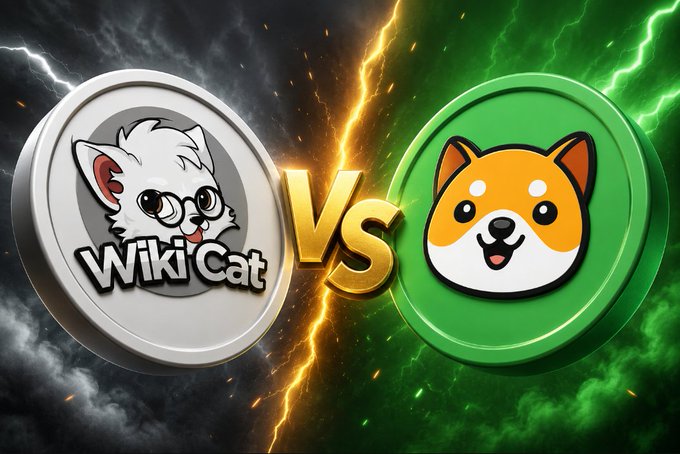 A graphic showing a 'Wiki Cat' coin versus a Shiba Inu-style dog coin, separated by a 'VS' and dramatic lightning effects against a green and gray stormy background.