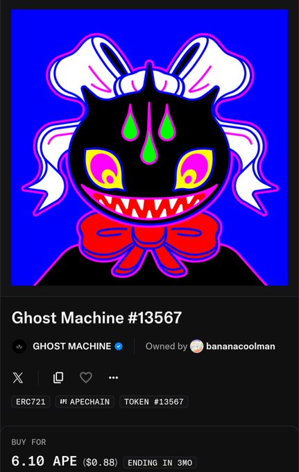 Screenshot of an NFT marketplace listing for 'Ghost Machine #13567', an ERC721 token on the Apechain network owned by 'bananacoolman', priced at 6.10 APE (~$0.88). The artwork features a menacing black cat-like creature with a bow on a blue background.