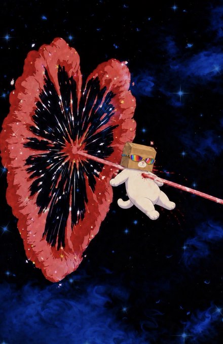 A small white bear astronaut wearing rainbow sunglasses flying through space, holding a long rod connected to a large red heart-shaped explosion or nebula.