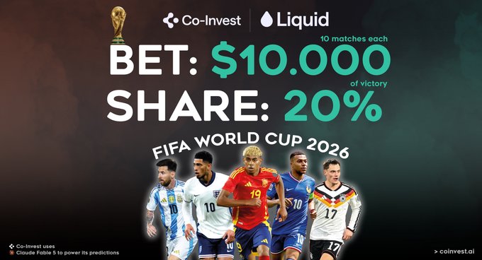 A promotional graphic for Co-Invest on Liquid advertises betting $10,000 with 20% share on 10 matches of victory for the FIFA World Cup 2026, featuring soccer players.