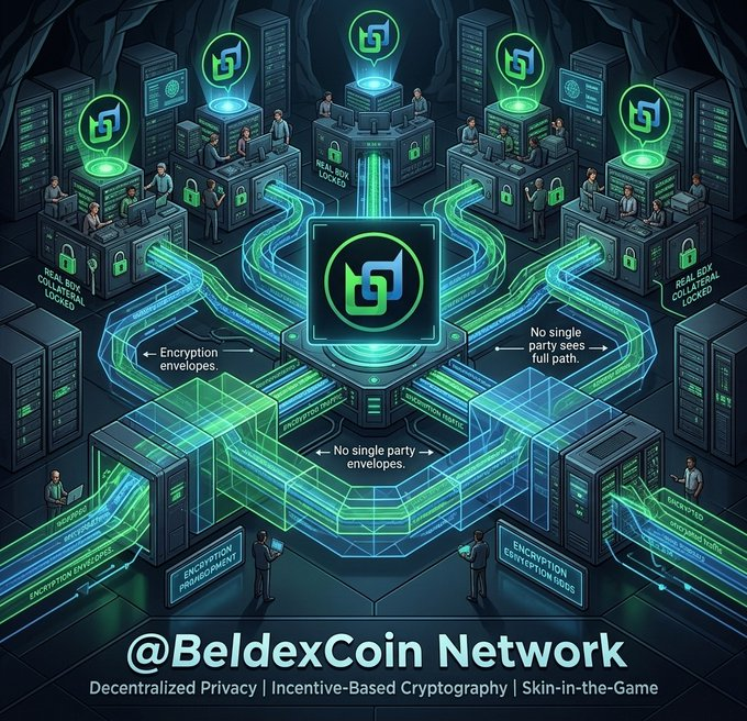 Promotional graphic for '@BeldexCoin Network' illustrating decentralized privacy infrastructure with labels including 'Encryption envelopes,' 'No single party sees full path,' and 'REAL BOX COINTEGRAL LOCKED.'