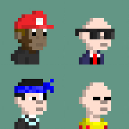 A pixel art illustration showing four character portraits including a figure in a red cap, a man in sunglasses with a red tie, a blue-haired figure, and a bald character.