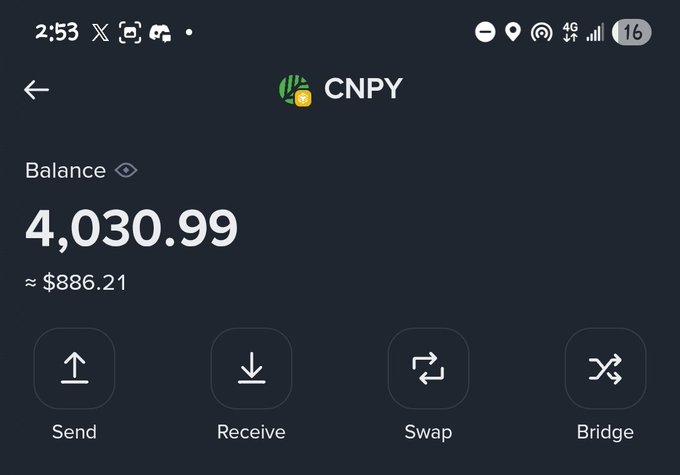 A mobile wallet screenshot displays a CNPY token balance of 4,030.99 (≈ $886.21), with options to Send, Receive, Swap, and Bridge. The image supports the post by showing the user's actual CNPY holdings, humorously highlighting that despite the "listed" status, the balance reflects real value (and perhaps the bittersweet reality of holding a listed-but-low-priced token).