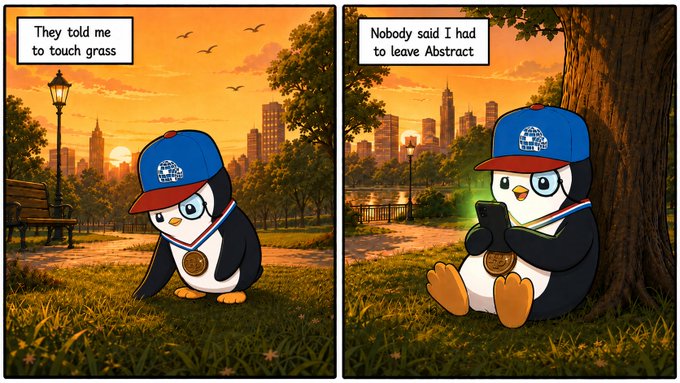 The image is a two-panel comic featuring a penguin wearing a "Abstract" cap and medal: in the left panel, the penguin touches grass with the caption "They told me to touch grass," while in the right panel, it relaxes against a tree checking its phone with "Nobody said I had to leave Abstract." This humorously illustrates the post's message about finding the perfect balance between "gas" (Abstract activity/engagement) and "grass" (touching grass/taking breaks)—suggesting you can enjoy both without having to choose.