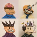 A collection of four cartoon-style meme characters featuring exaggerated grins and colorful designs, reminiscent of crypto/NFT art styles.