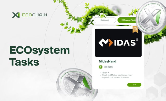 A promotional graphic for X1 EcoChain's "ECOsystem Tasks" highlights the MidasHand partnership, featuring a dashboard tile showing 100 ECO rewards for following X and checking out MidasHand's prediction system operations, alongside decorative greenery and ECO token imagery.