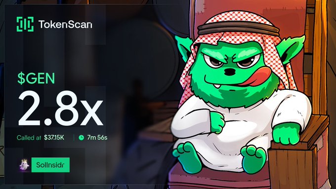 A TokenScan graphic for the $GEN token shows a 2.8x return, called at $37.15K with 7m 56s elapsed, alongside a green troll-like cartoon character wearing a keffiyeh.