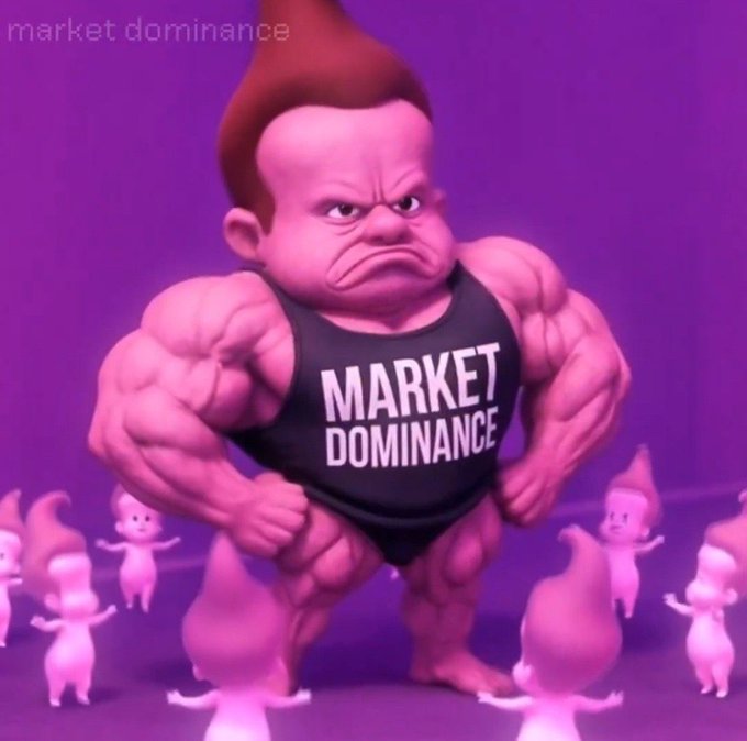 A cartoon image shows a muscular pink figure with a stern expression wearing a black tank top labeled 'MARKET DOMINANCE', surrounded by smaller pink creatures.