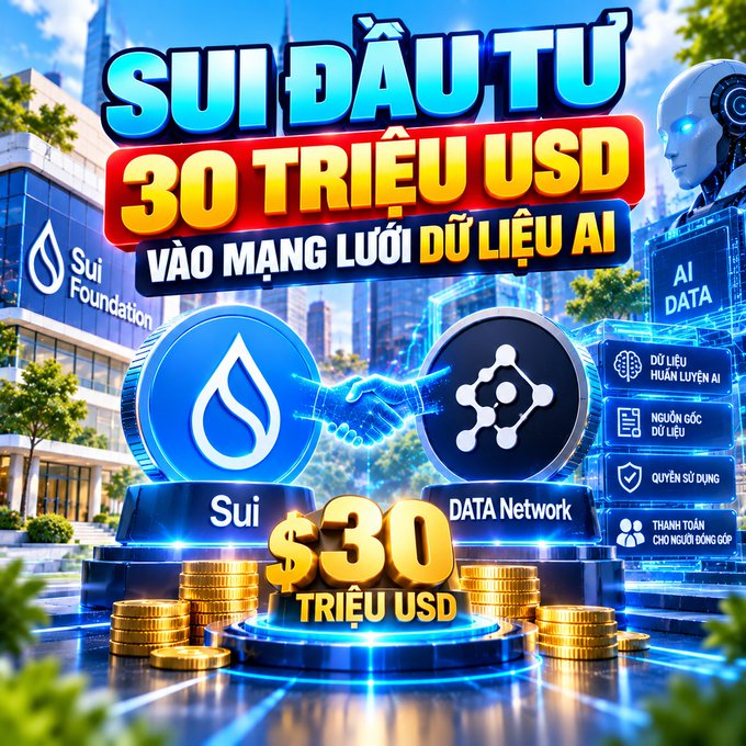 A colorful promotional graphic featuring the Sui Foundation logo announcing a $30 million USD investment into an AI data network, with Vietnamese text and imagery of coins, a handshake, and an AI robot.