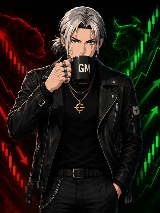 An anime-style illustration of a silver-haired man in a black leather jacket drinking from a black mug that says 'GM', with a gold chain necklace, set against a background of red and green stock market candles featuring bull and bear silhouettes.