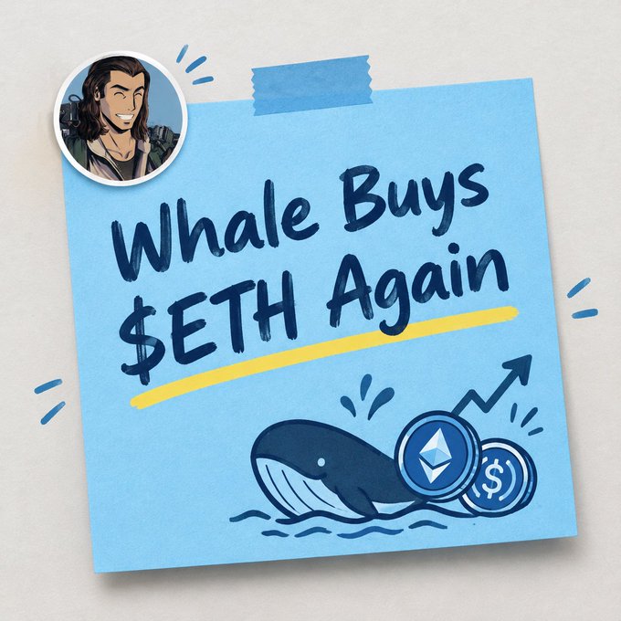 An illustrated graphic on a blue sticky note reading 'Whale Buys $ETH Again' featuring a cartoon whale with an Ethereum logo and an upward-trending arrow.