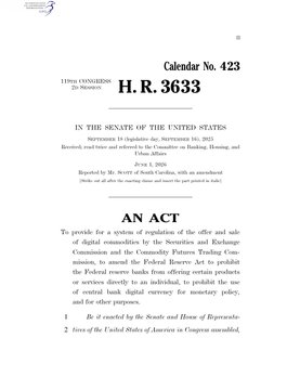 A document titled 'Calendar No. 423' and 'H.R. 3633', an 'AN ACT' presented to the Senate and House of Representatives regarding the establishment of an opt-out system of digital communications by the Federal Reserve.