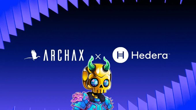 A promotional graphic featuring the logos 'ARCHAX' and 'Hedera' with a golden-horned skull character in the center.