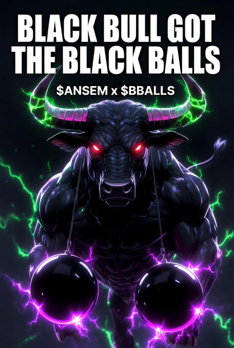 Promotional image titled 'BLACK BULL GOT THE BLACK BALLS' featuring $ANSEM x $BBALLS with a dark bull illustration with glowing red eyes and green lightning