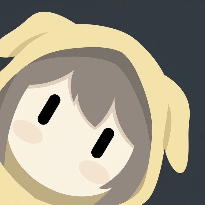 A cute chibi-style cartoon character with gray hair wearing a beige bunny-eared hoodie has an unamused, flat expression against a dark gray background.