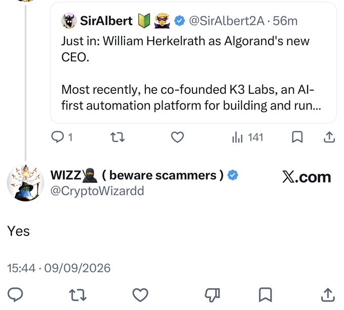 A Twitter/X post from @SirAlbert2A announces William Herkelrath as Algorand's new CEO, with @CryptoWizardd replying 'Yes'.