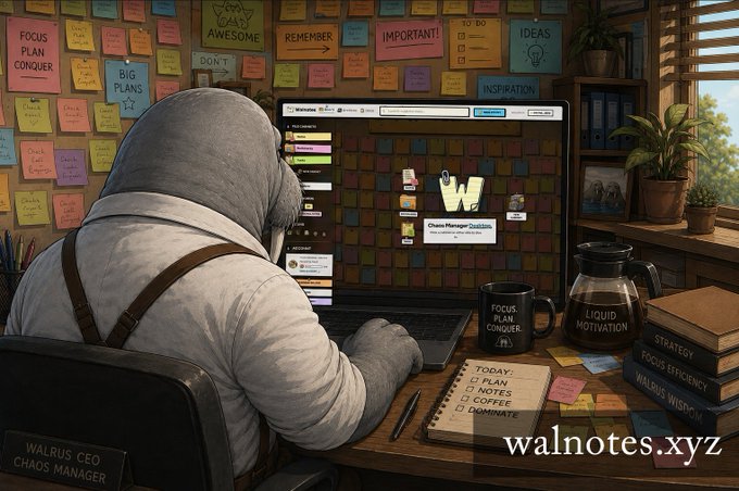 A digital illustration of a walrus wearing a white shirt with suspenders, sitting at a desk with a laptop showing walnotes.xyz, surrounded by sticky notes labeled FOCUS, PLAN, CONQUER, and various motivational items including a "LIQUID MOTIVATION" carafe and books on strategy and focus.