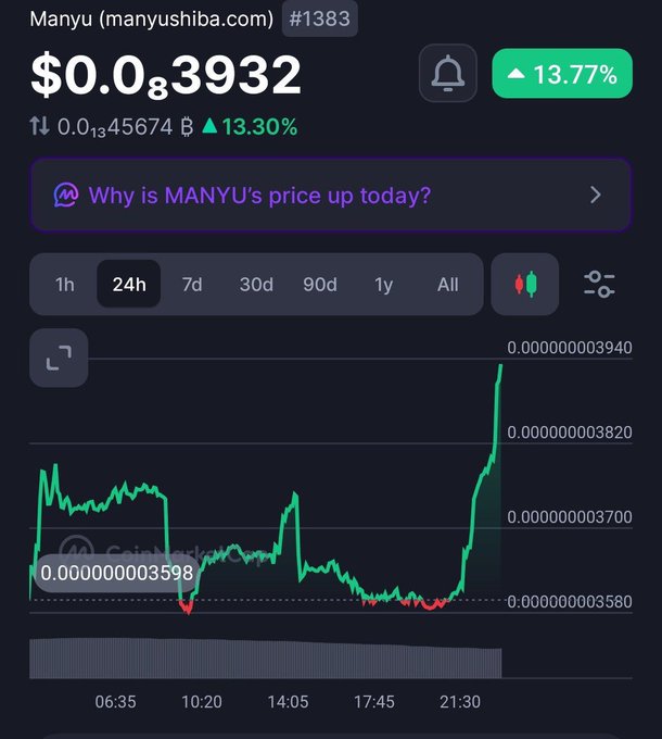 A cryptocurrency chart for 'Manyu (manyushiba.com)' showing a price of $0.0₈3932 with a 13.77% increase over 24 hours, with a notable price spike.