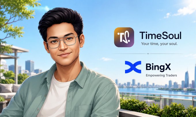 A smiling young man with glasses stands before a city skyline, beside logos for "TimeSoul" ("Your time, your soul.") and "BingX" ("Empowering Traders"). The image visually reinforces the post's point about TimeSoul offering a calm, approachable entry point into crypto before introducing Web3 mechanics.