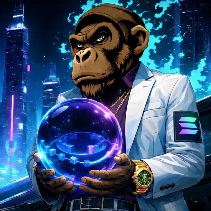 A digital illustration of a serious chimpanzee wearing a white suit jacket, a purple shirt, a gold watch, and a cap, holding a glowing purple crystal ball with blue cubes inside it against a neon cyberpunk city background.