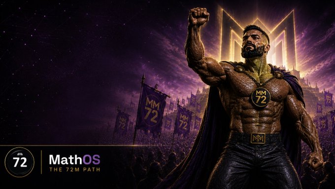 Promotional graphic for MathOS "The 72M Path" featuring a muscular warrior figure wearing an MM72 medallion, with banners displaying MM72 against a purple cosmic background.