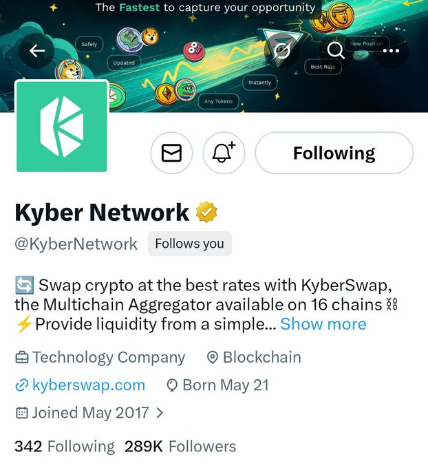 The image shows a social media post from a company named " Kyber Network". It features a green logo that reads "kyber network" along with a white background, black text, and a small image of a coin. The post includes a link to a Twitter account for the company, which is currently inactive. The post also mentions a hashtag related to cryptocurrency trading called "#cybernetwork", indicating that the company might be involved in cryptocurrency-related activities or services.