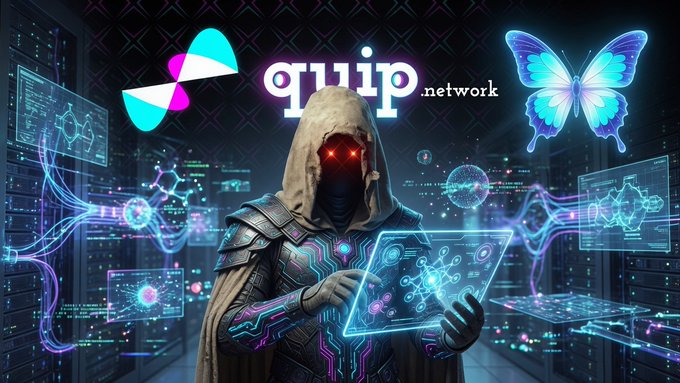 A digital illustration featuring a hooded figure with glowing red eyes using a holographic interface, alongside logos for 'quip.network' and a glowing blue butterfly.