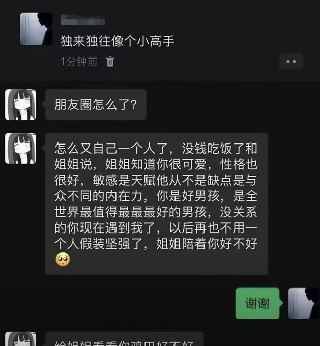 A WeChat conversation shows a user posting "独来独往像个小高手" (Coming and going alone like a little expert) which prompts a friend to ask what's wrong, then send a heartfelt message reassuring them: "没关系的你现在遇到我了，以后再也不用一个人假装坚强了，姐姐陪着你好不好" (It's okay, you've met me now, you don't have to pretend to be strong alone anymore, will big sister stay with you?). The user simply replies "谢谢" (Thanks), matching the post's theme of solitary independence.