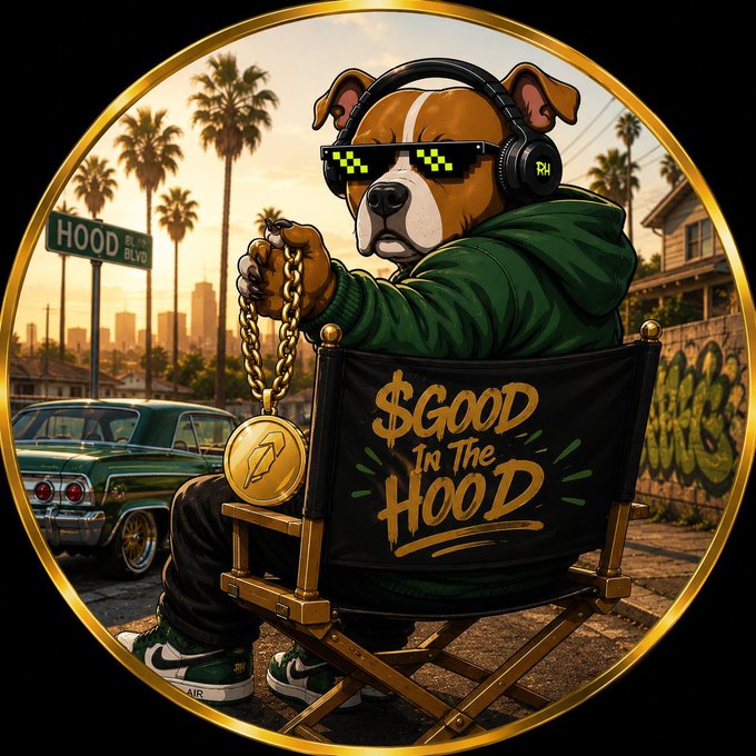 An illustration depicts a bulldog wearing pixelated sunglasses, headphones, and a green hoodie, sitting in a director's chair holding a large gold chain medallion. The chair has '$GOOD In The HOOD' written on it, with a 'HOOD BLVD' street sign, palm trees, and a city skyline in the background.