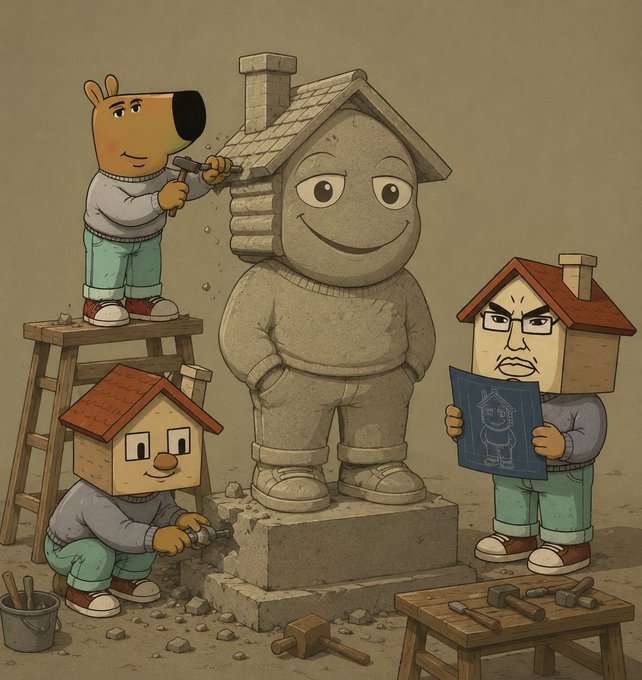 A cartoon-style illustration depicting anthropomorphic animal and house characters working together to sculpt a large stone figure resembling a smiling boy in overalls, with one character holding blueprints.