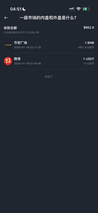 A Chinese cryptocurrency trading app screenshot showing a total value of $952.9, with transactions for '币安广场' (Binance Square) 1 BNB and '隐信' (Hidden Letter) 1 USDT dated January 2026.