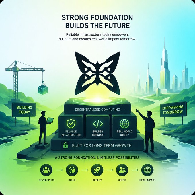 An infographic titled 'STRONG FOUNDATION BUILDS THE FUTURE' features a butterfly-like logo above 'DECENTRALIZED COMPUTING' blocks, with sections labeled 'BUILDING TODAY', 'EMPOWERING TOMORROW', and 'BUILT FOR LONG TERM GROWTH'.