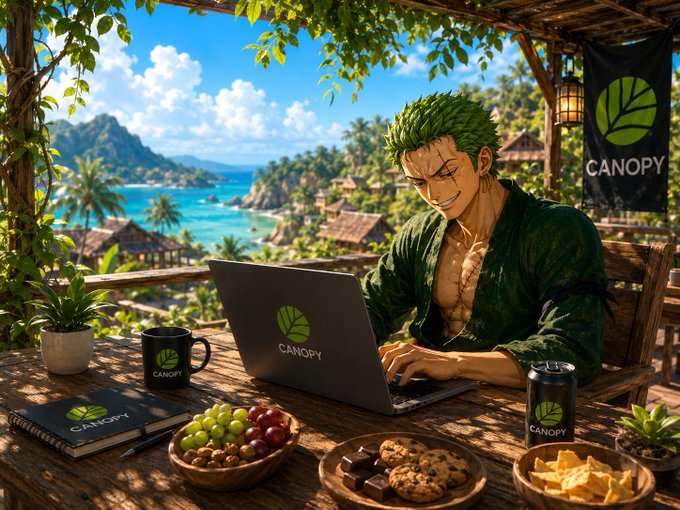 An anime character resembling Roronoa Zoro works on a laptop branded 'CANOPY' at a tropical seaside table with fruits, snacks, and matching CANOPY merchandise, with a CANOPY banner hanging in the background.