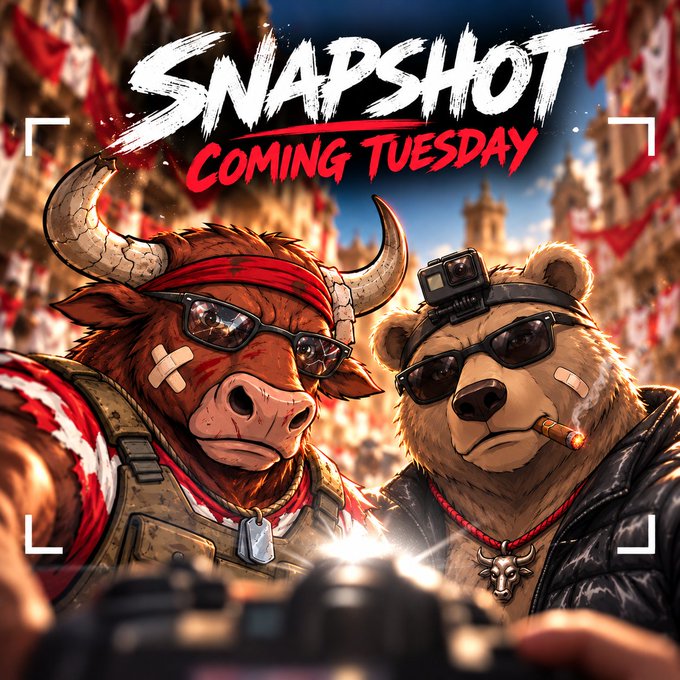 A promotional graphic with bold 'SNAPSHOT COMING TUESDAY' text, featuring two stylized anthropomorphic characters - a bull with horns and sunglasses and a bear with sunglasses and a cigar - in front of a bull market themed background.